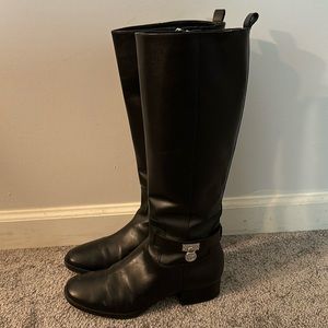 Michael Kors Hamilton Black Leather Silver Padlock Riding Boots Size 9M